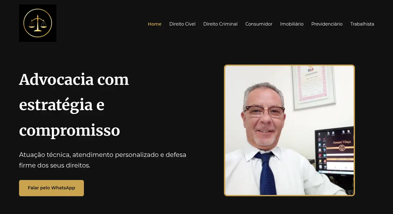Página inicial do site do advogado Amauri Vilaça